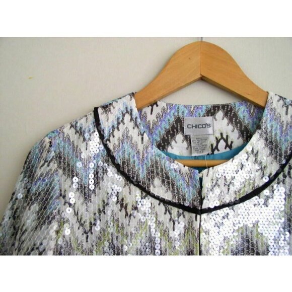 Chicos Womens Ikats Meow Sequin Jacket Blue Green - Picture 4 of 6